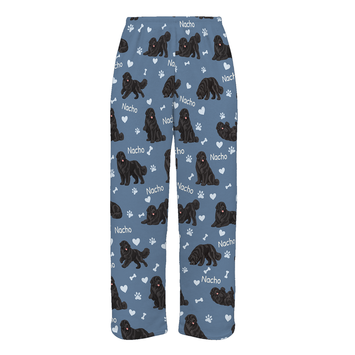 Personalized Newfoundland Pajama Pants, Custom Pet Name Fleece Trousers, Dog Lover Gift — Slate Blue full-trouser mockup