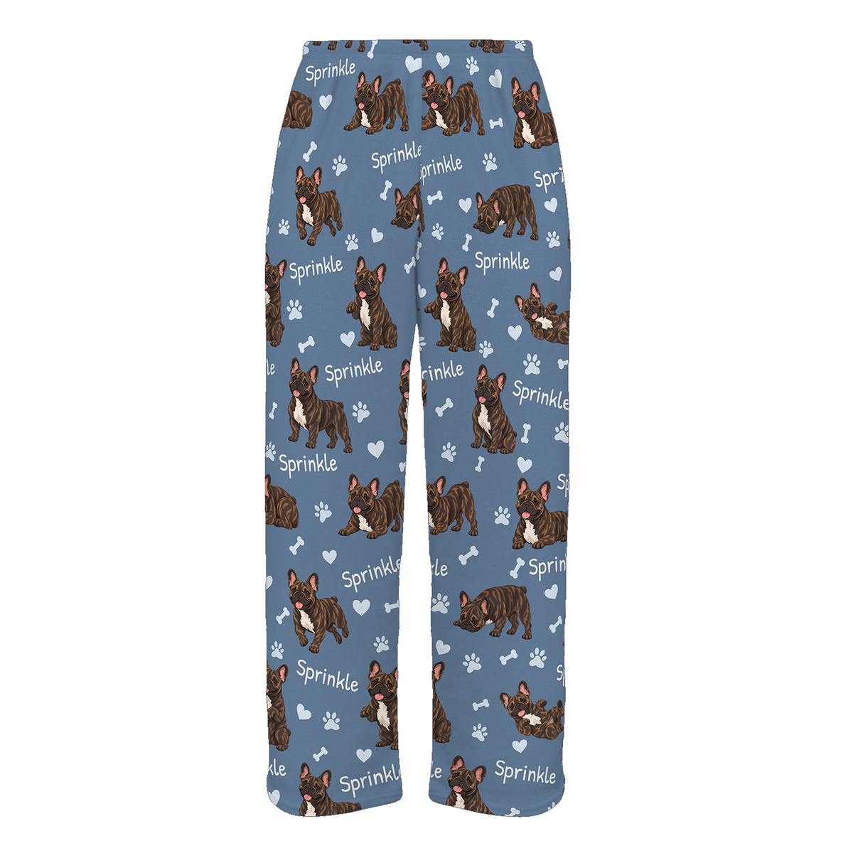 Personalized French Bulldog Brindle Pajama Pants, Custom Pet Name Fleece Trousers, Dog Lover Gift — Slate Blue full-trouser mockup