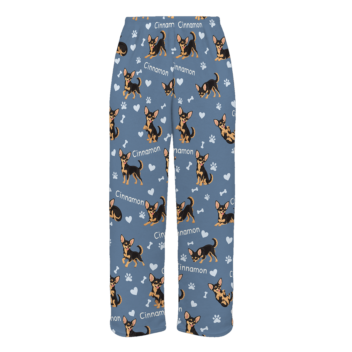 Personalized Chihuahua Black and Tan Pajama Pants, Custom Pet Name Fleece Trousers, Dog Lover Gift — Slate Blue full-trouser mockup