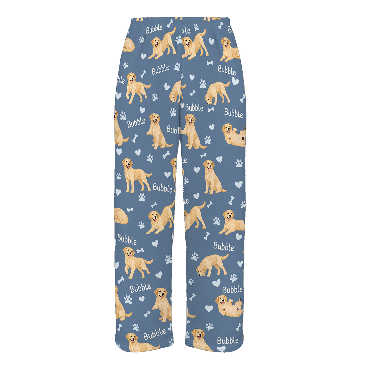 Personalized Labrador Retriever Yellow Pajama Pants, Custom Pet Name Fleece Trousers, Dog Lover Gift — Slate Blue full-trouser mockup