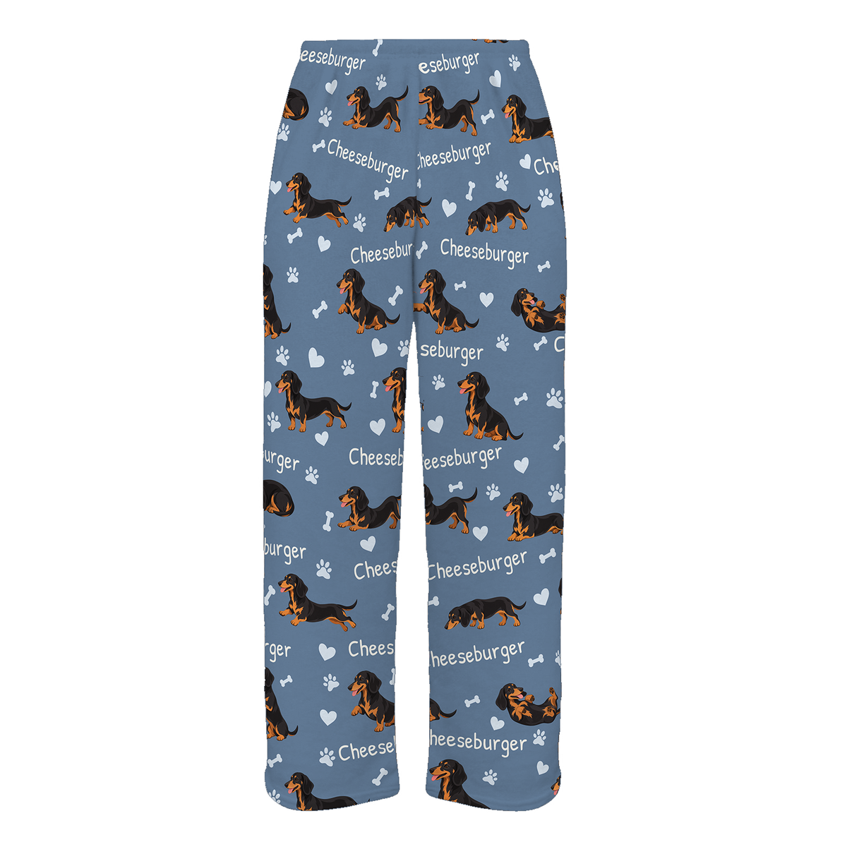 Personalized Dachshund Black and Tan Pajama Pants, Custom Pet Name Fleece Trousers, Dog Lover Gift — Slate Blue full-trouser mockup