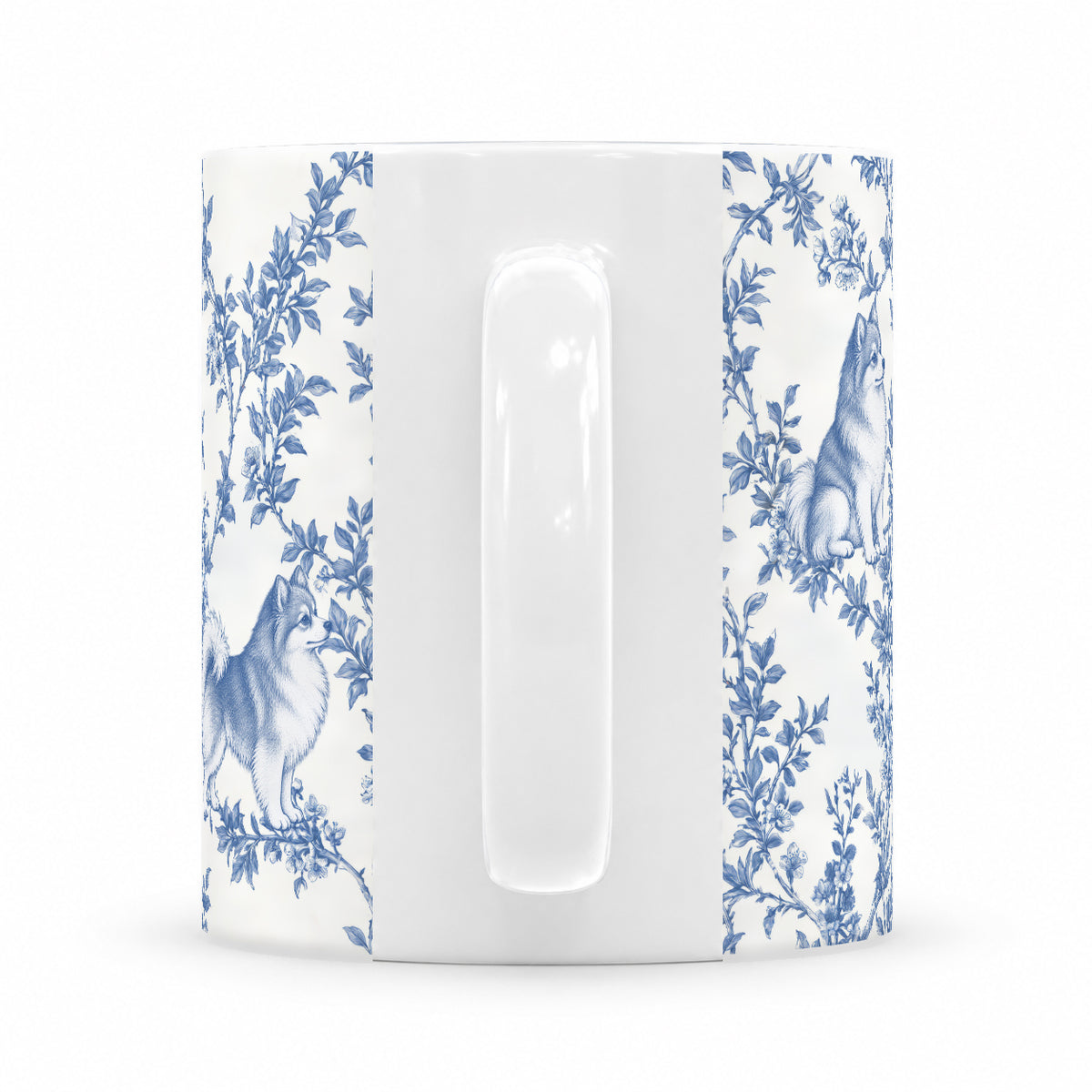 Pomeranian toile mug — Blue Handle View