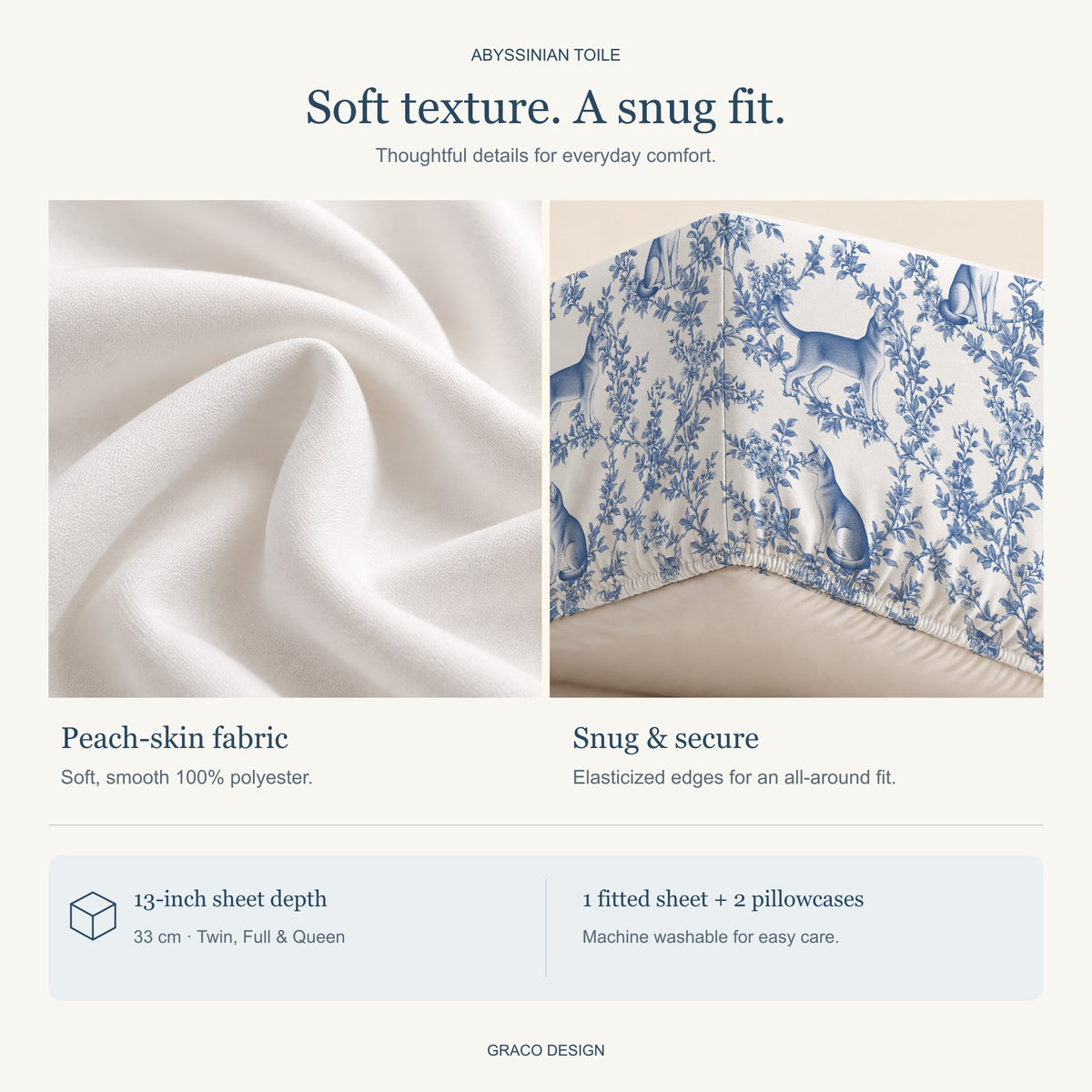 Abyssinian toile bedding — peach-skin fabric and gathered elastic hem detail