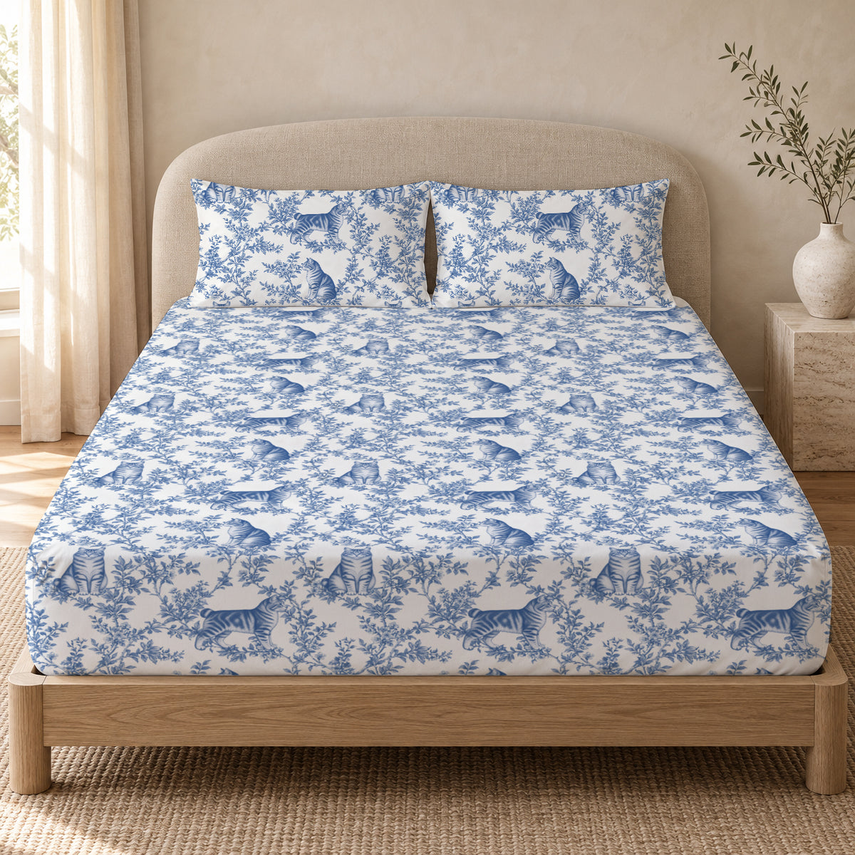American Bobtail toile bedding in Blue — Queen Bedroom