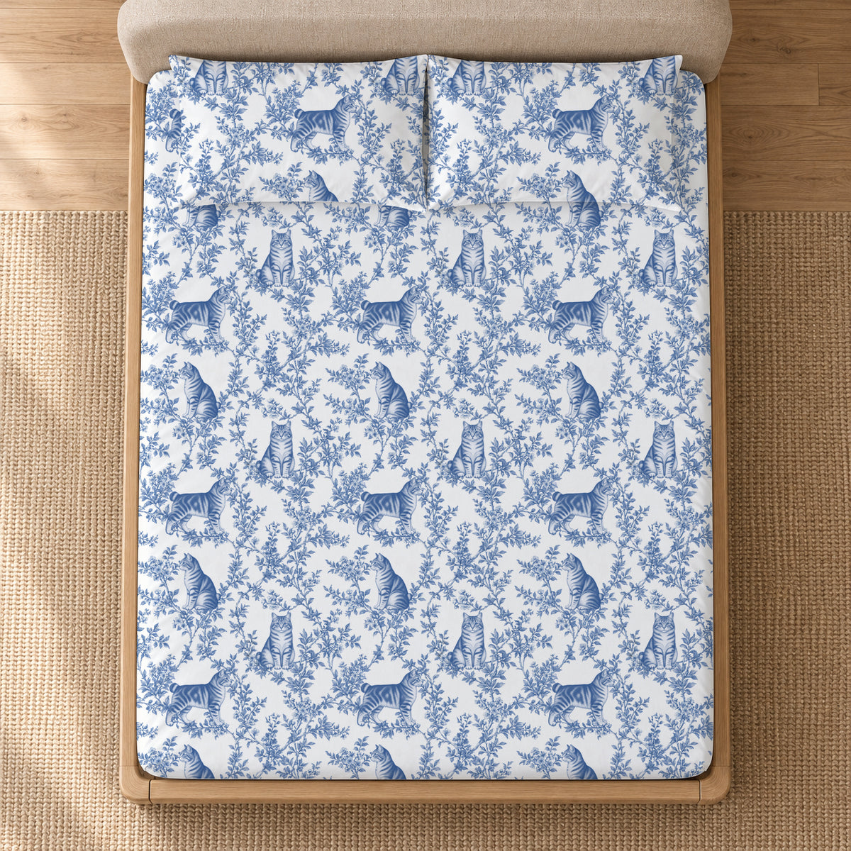 American Bobtail toile bedding in Blue — Overhead