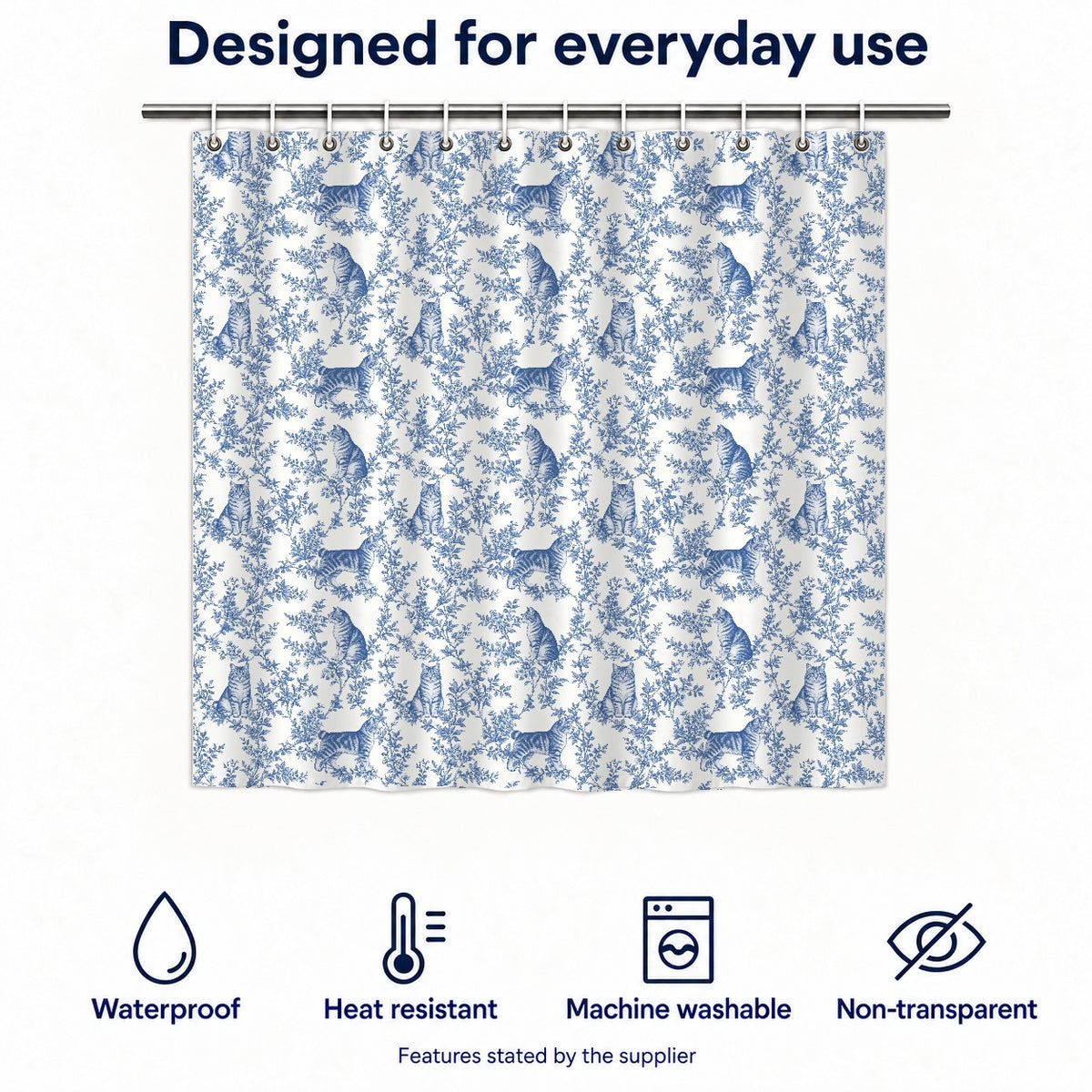 American Bobtail toile shower curtain — Blue Functions and Size