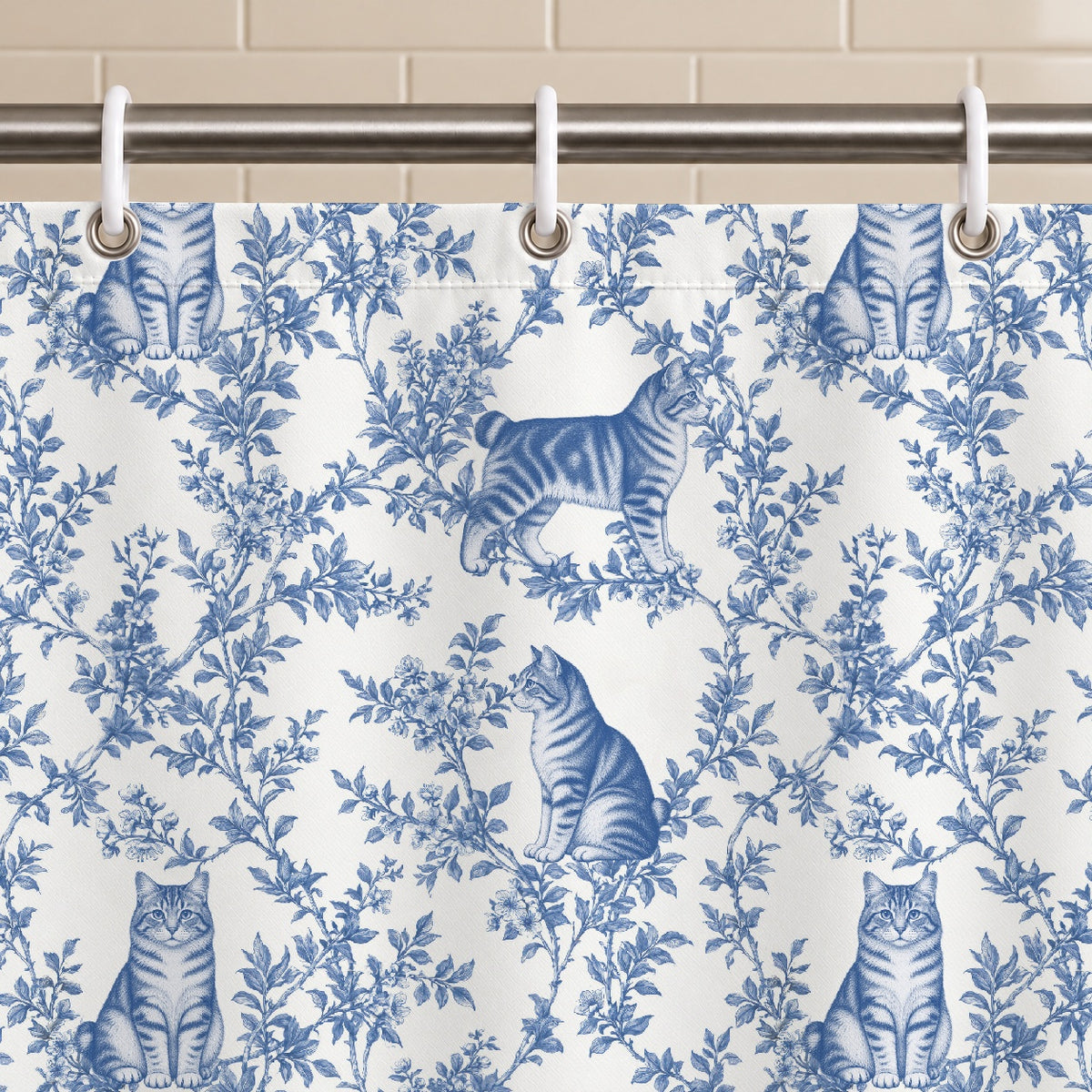 American Bobtail toile shower curtain — Blue Grommets and Hooks