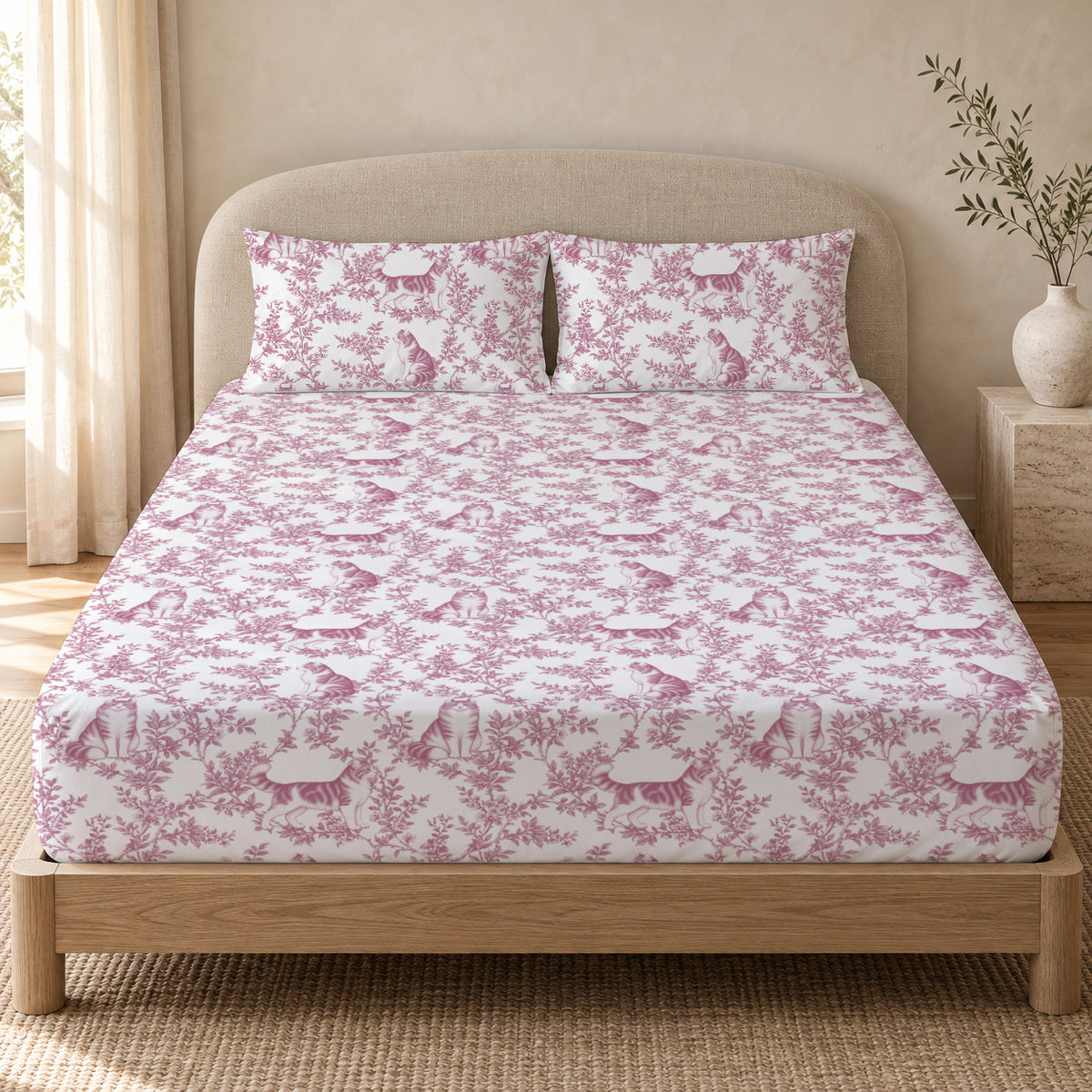 American Curl toile bedding in Pink — Queen Bedroom