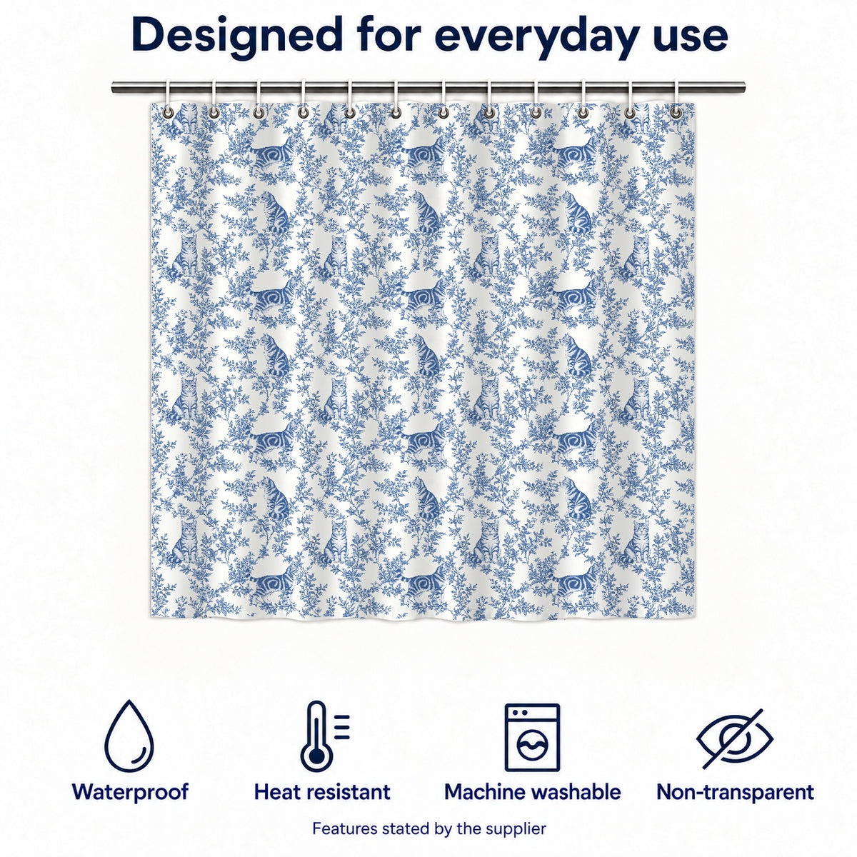 American Shorthair toile shower curtain — Blue Functions and Size
