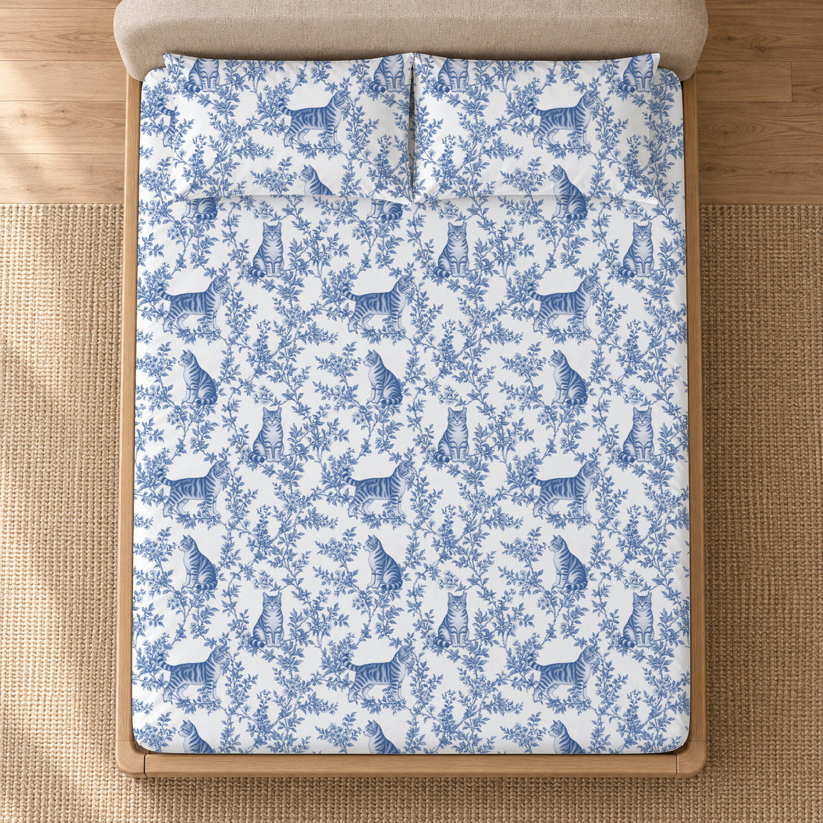 American Wirehair toile bedding in Blue — Overhead