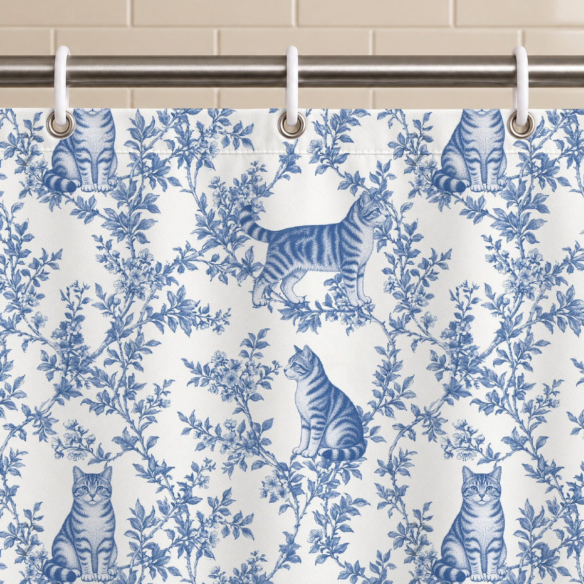 American Wirehair toile shower curtain — Blue Grommets and Hooks