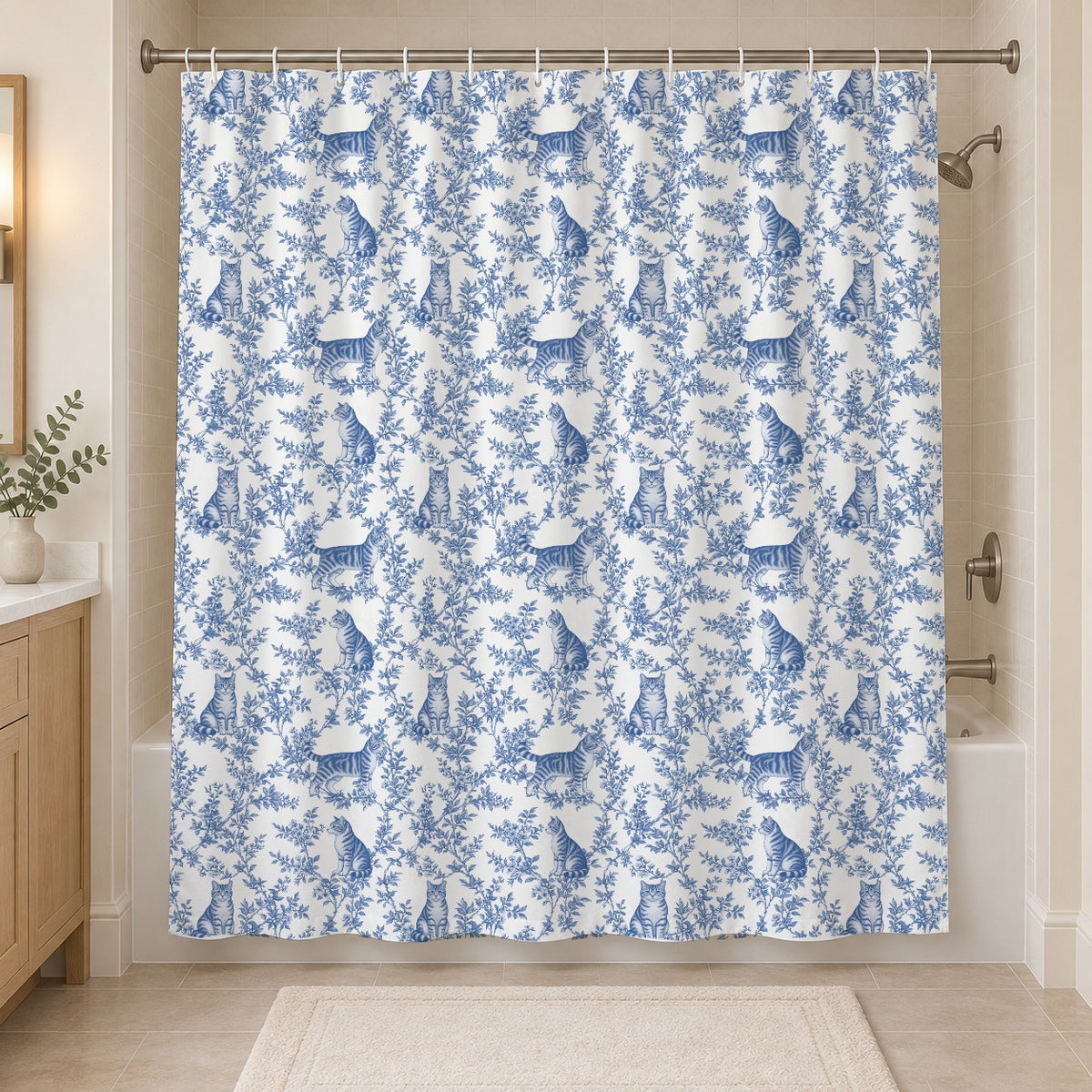 American Wirehair toile shower curtain — Blue Hero