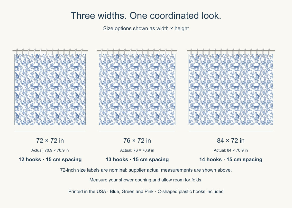 American Wirehair toile shower curtain — Blue US Size Comparison