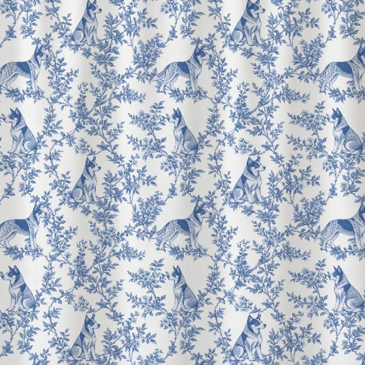 Australian Cattle Dog toile shower curtain — Blue Detail
