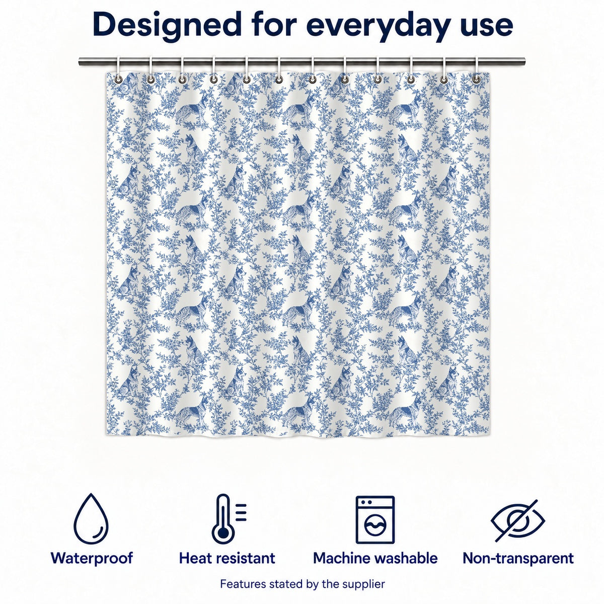Australian Cattle Dog toile shower curtain — Blue Functions and Size
