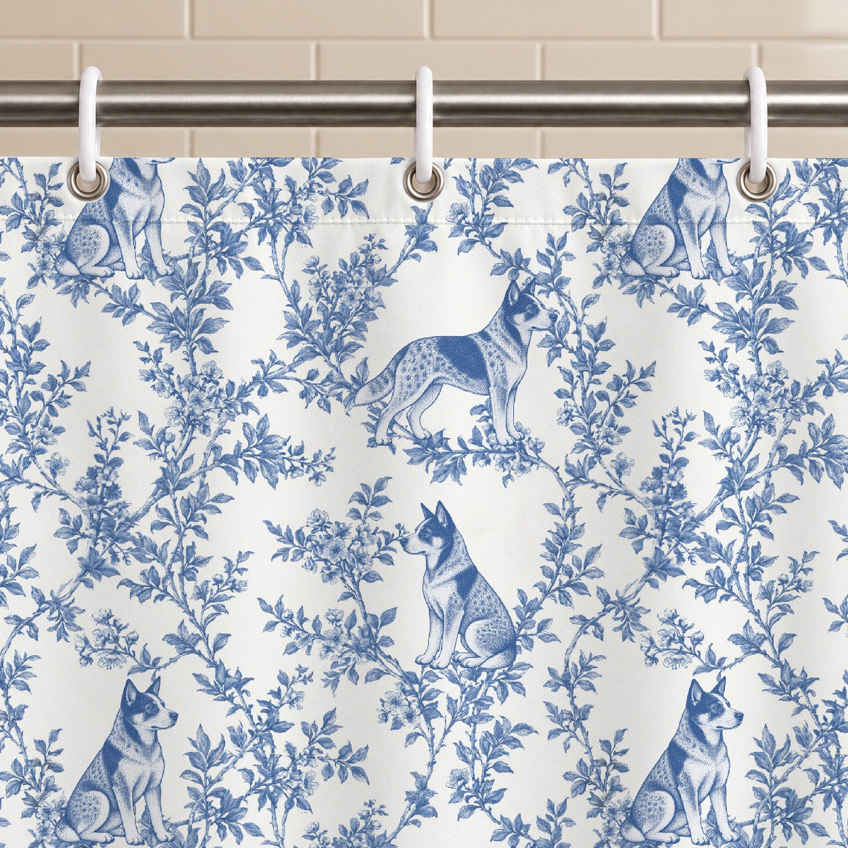 Australian Cattle Dog toile shower curtain — Blue Grommets and Hooks