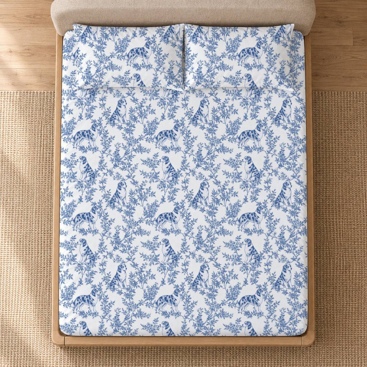 Australian Shepherd toile bedding in Blue — Overhead