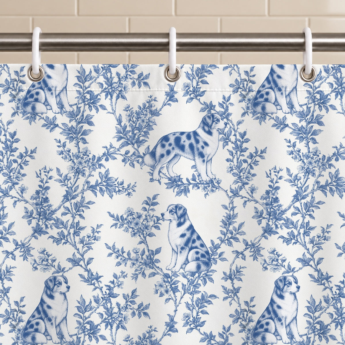 Australian Shepherd toile shower curtain — Blue Grommets and Hooks