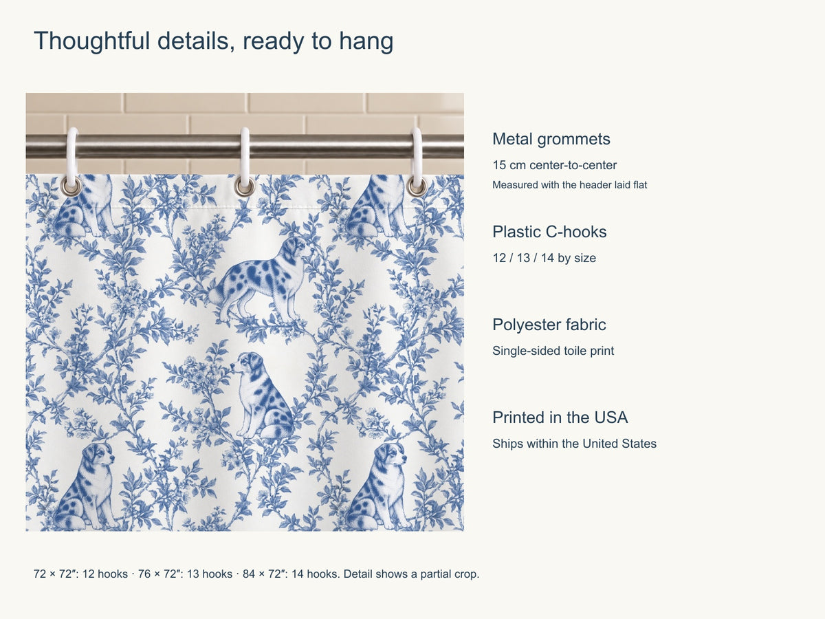 Australian Shepherd toile shower curtain — Blue Product Features
