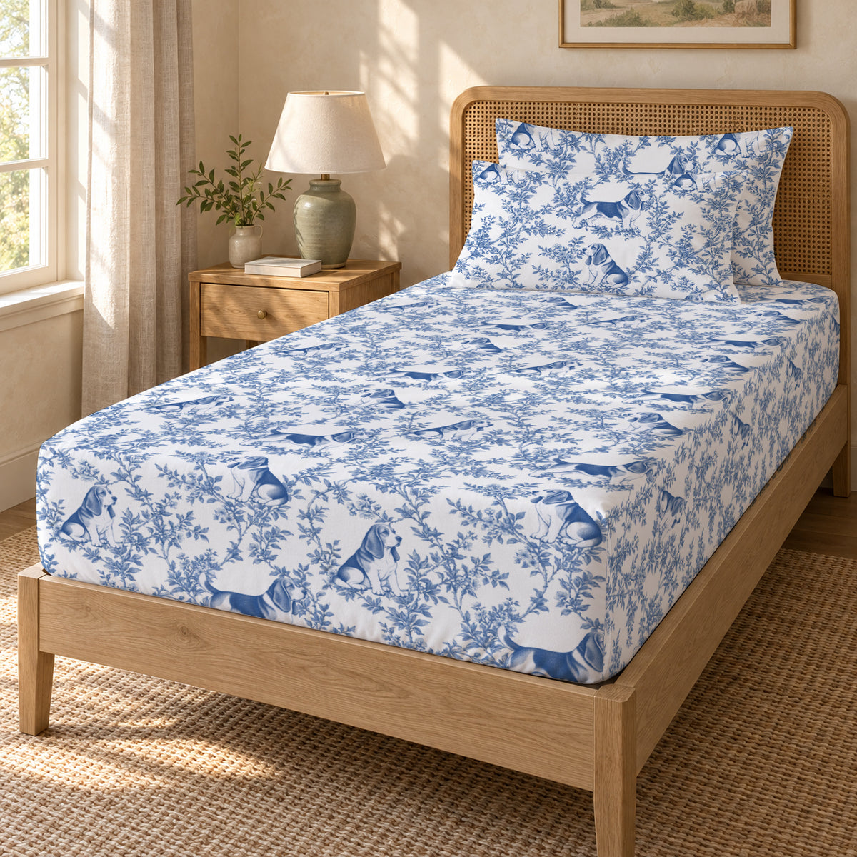 Basset Hound toile bedding in Blue — Twin Guest Room