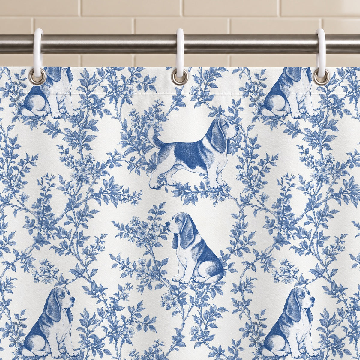 Basset Hound toile shower curtain — Blue Grommets and Hooks