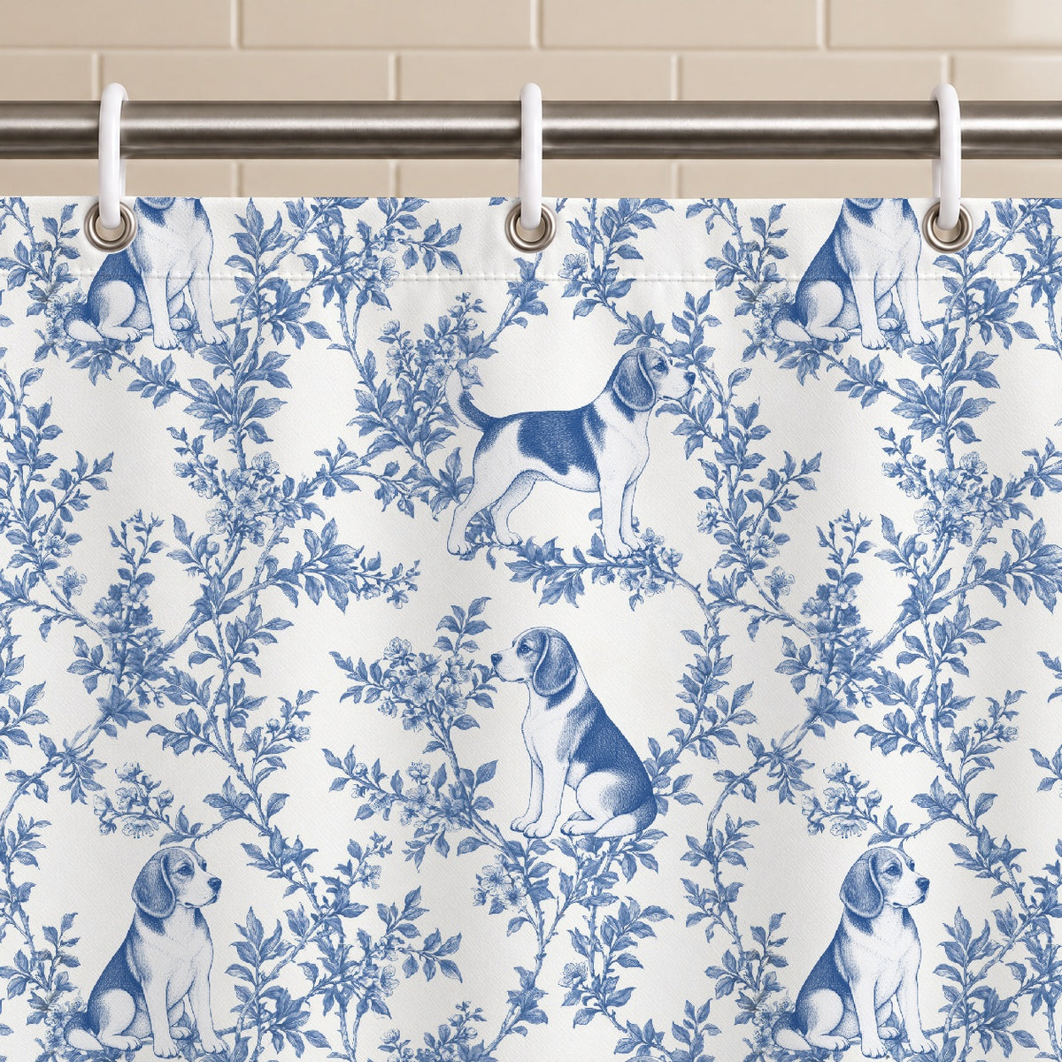 Beagle toile shower curtain — Blue Grommets and Hooks