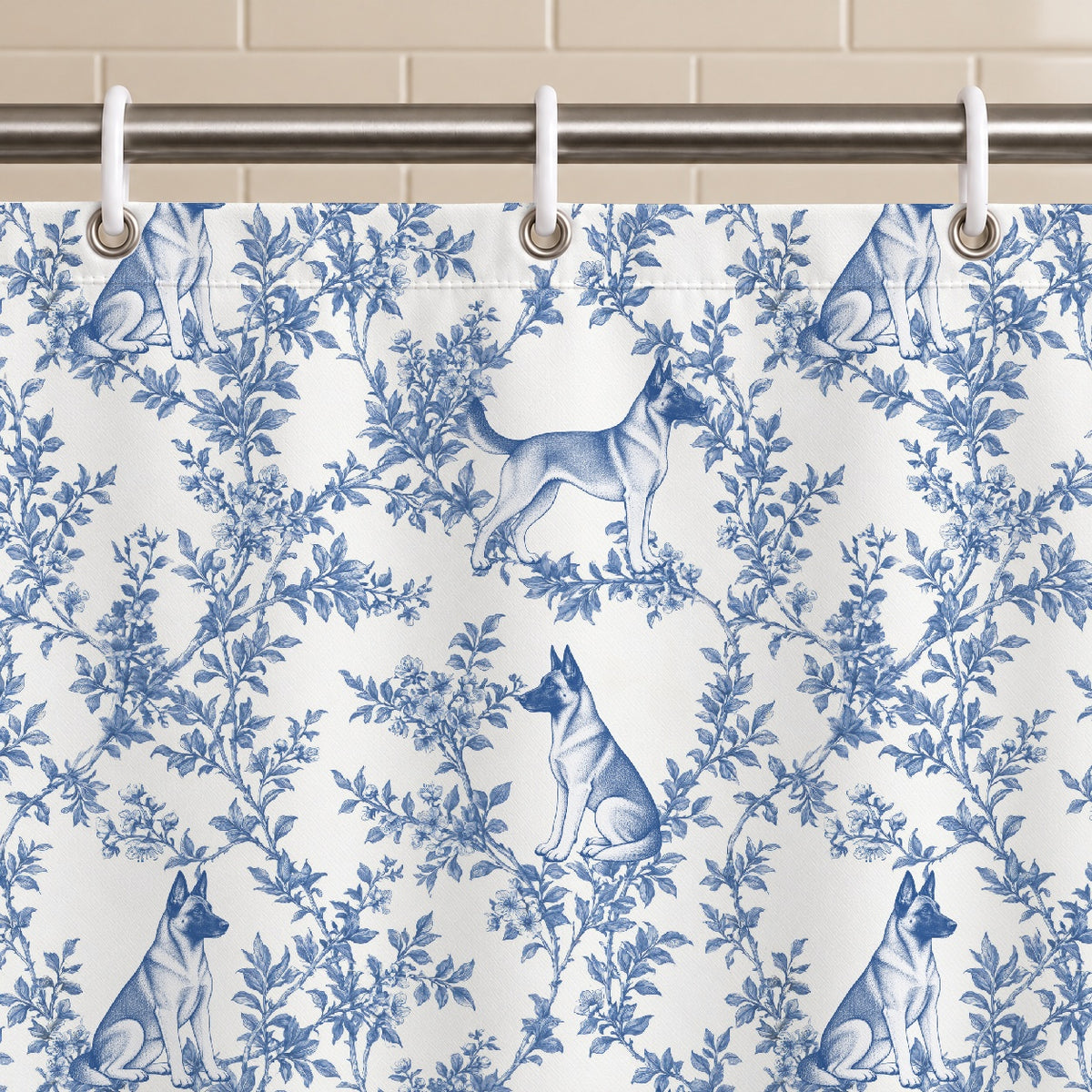 Belgian Malinois toile shower curtain — Blue Grommets and Hooks