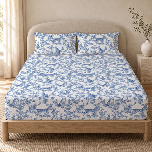 Bengal toile bedding in Blue — Queen Bedroom
