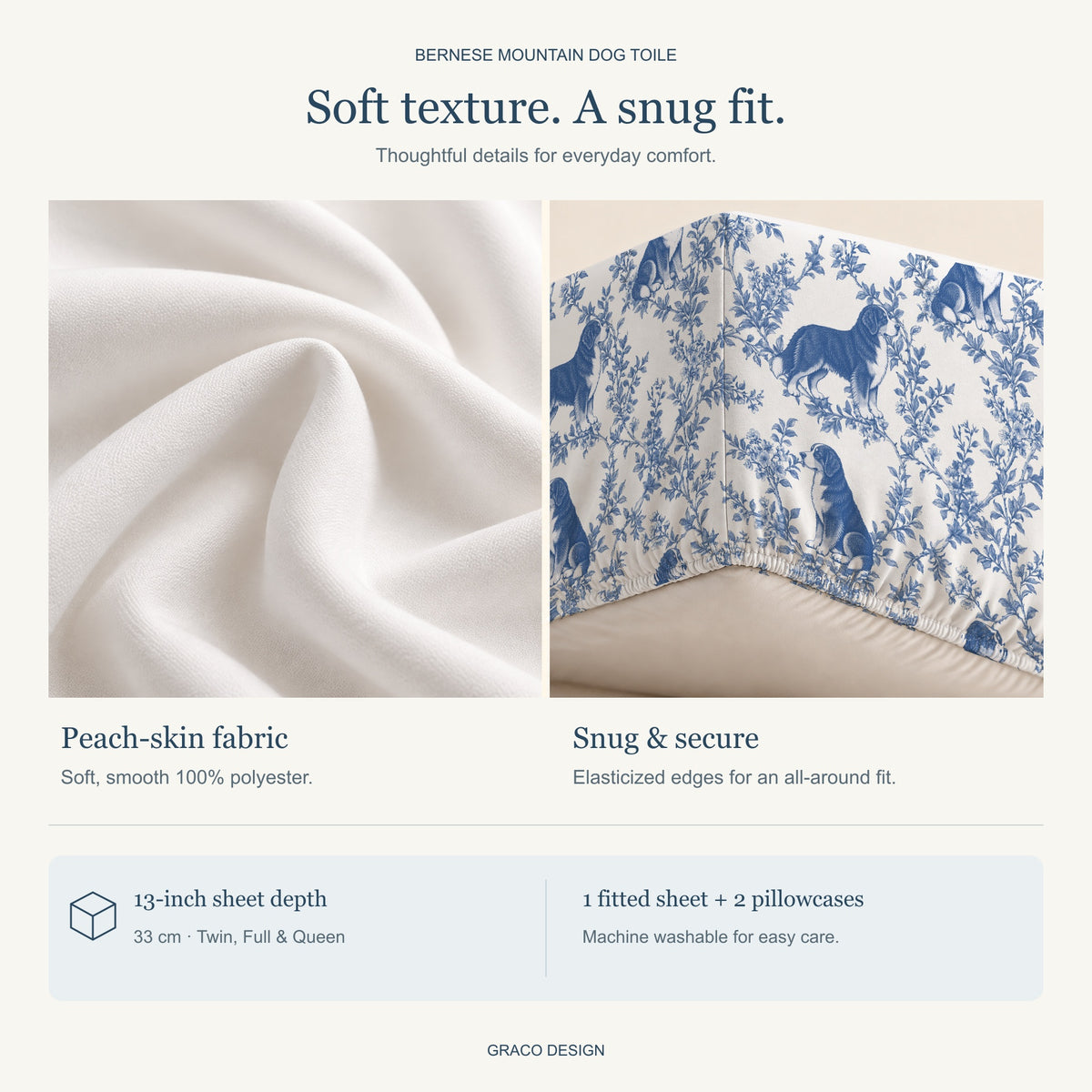 Bernese Mountain Dog toile bedding — peach-skin fabric and gathered elastic hem detail