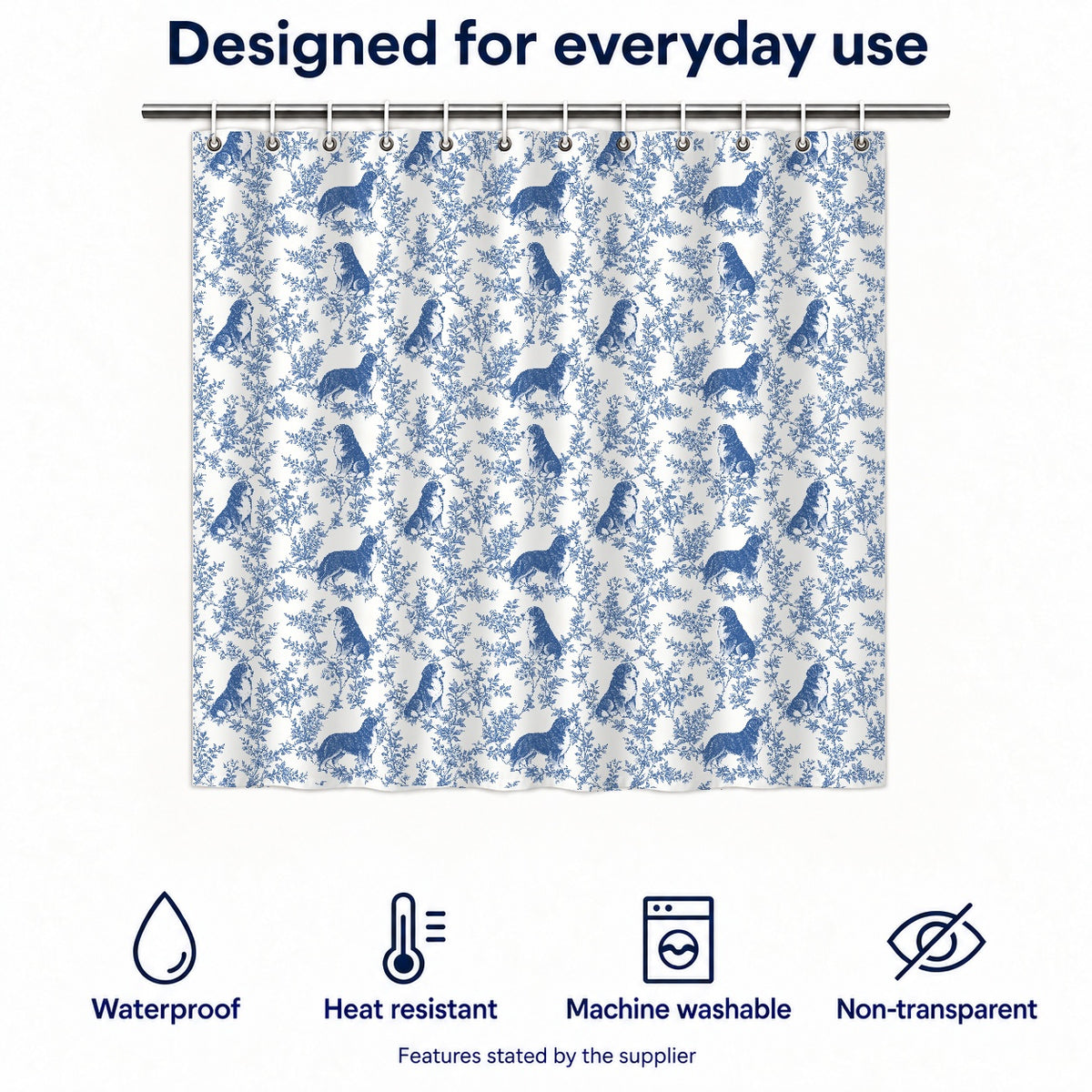 Bernese Mountain Dog toile shower curtain — Blue Functions and Size