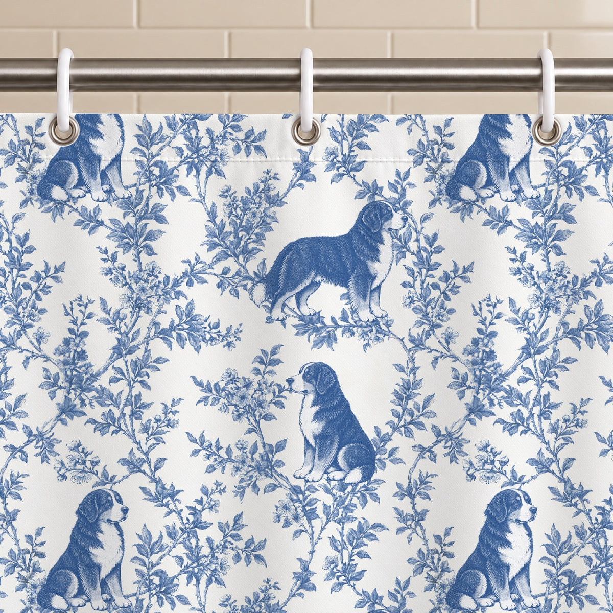 Bernese Mountain Dog toile shower curtain — Blue Grommets and Hooks