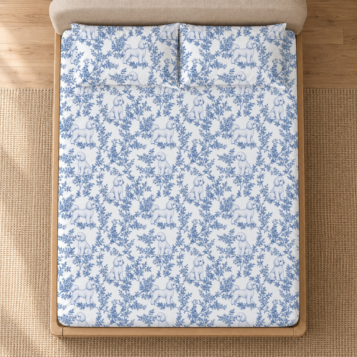Bichon Frise toile bedding in Blue — Overhead