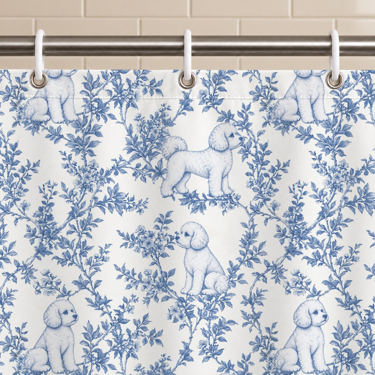 Bichon Frise toile shower curtain — Blue Grommets and Hooks