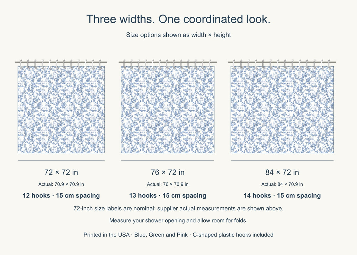 Bichon Frise toile shower curtain — Blue US Size Comparison