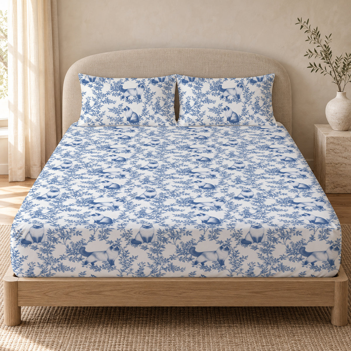 Birman toile bedding in Blue — Queen Bedroom