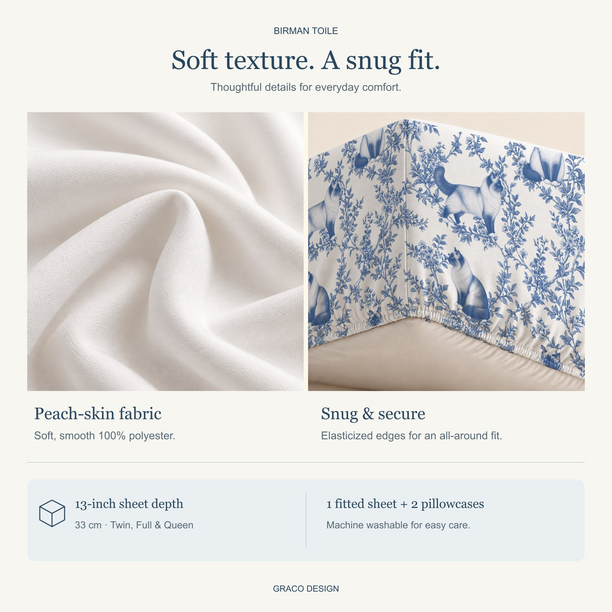 Birman toile bedding — peach-skin fabric and gathered elastic hem detail