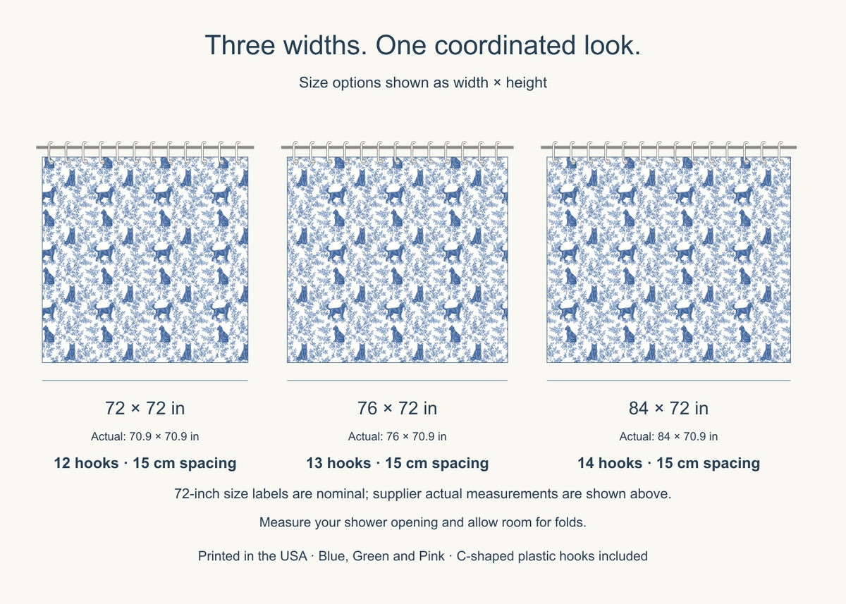 Bombay toile shower curtain — Blue US Size Comparison