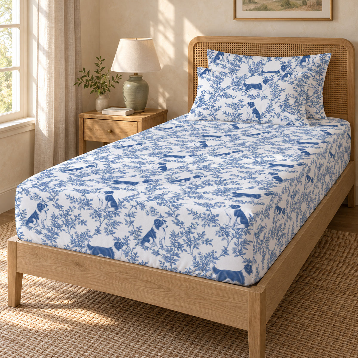 Border Collie toile bedding in Blue — Twin Guest Room
