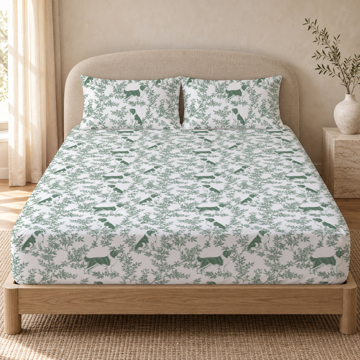 Border Collie toile bedding in Green — Queen Bedroom