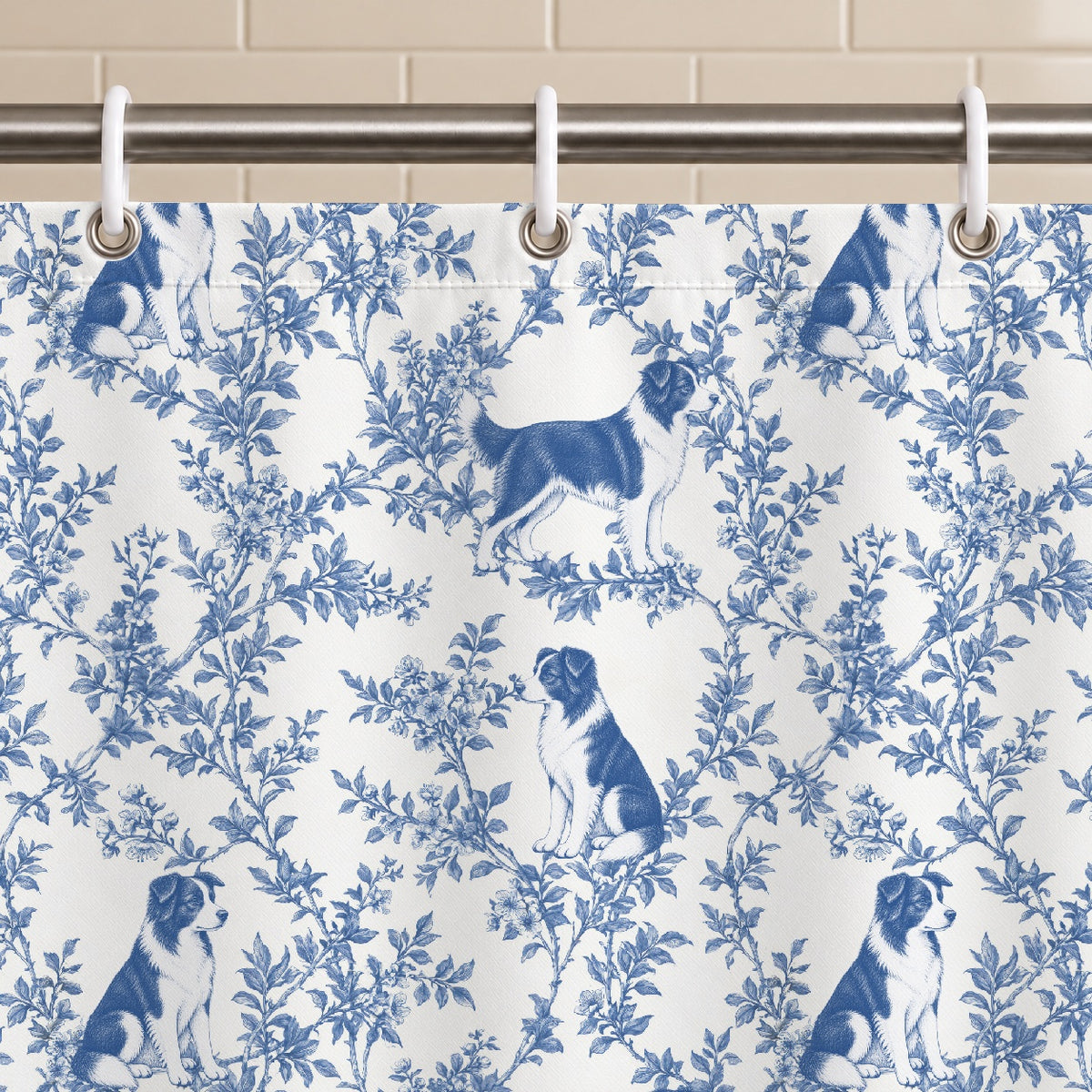 Border Collie toile shower curtain — Blue Grommets and Hooks