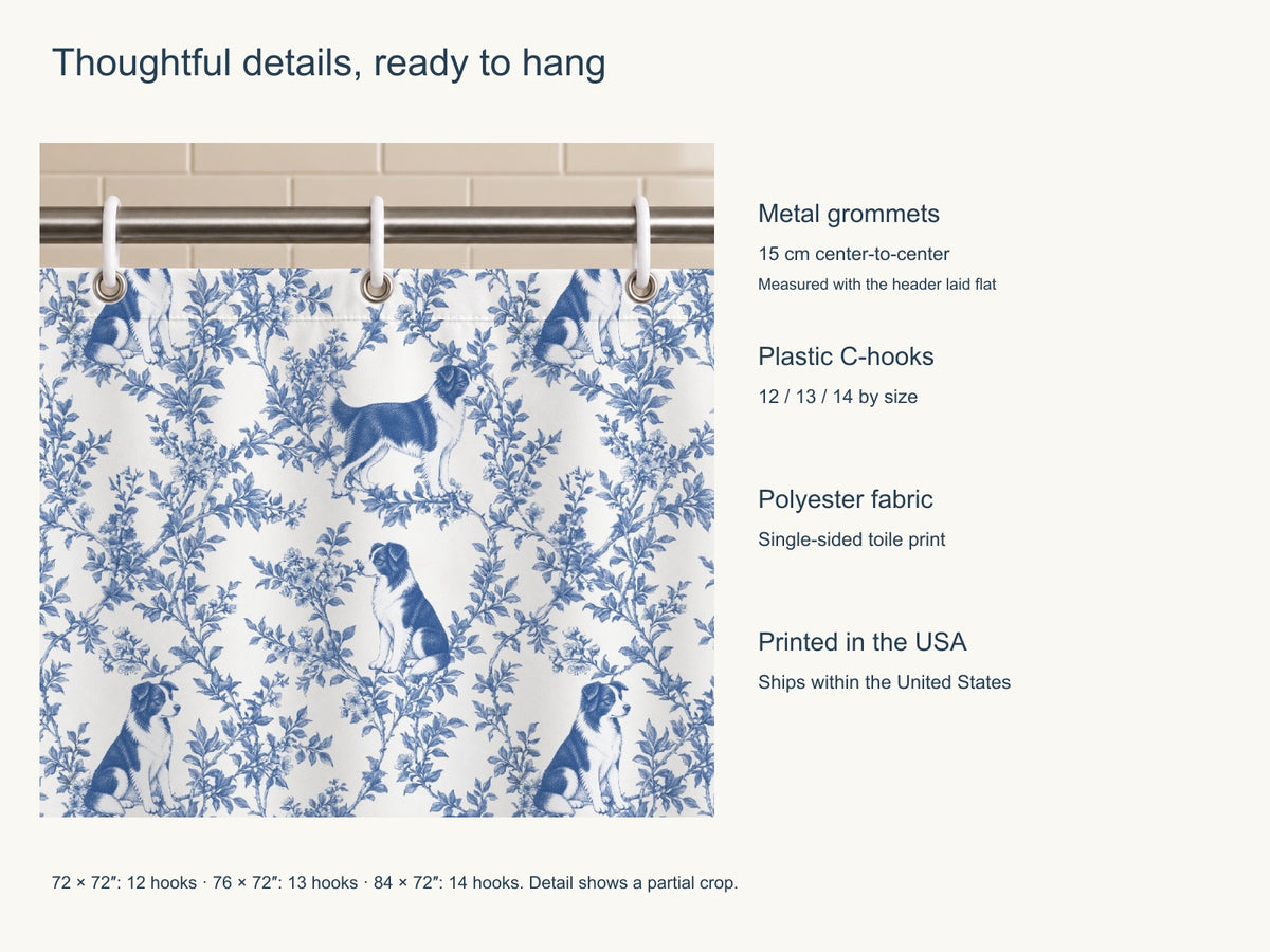 Border Collie toile shower curtain — Blue Product Features