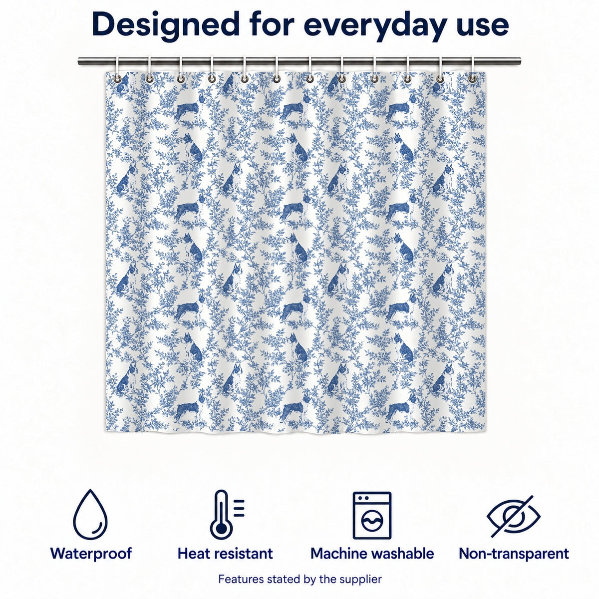 Boston Terrier toile shower curtain — Blue Functions and Size