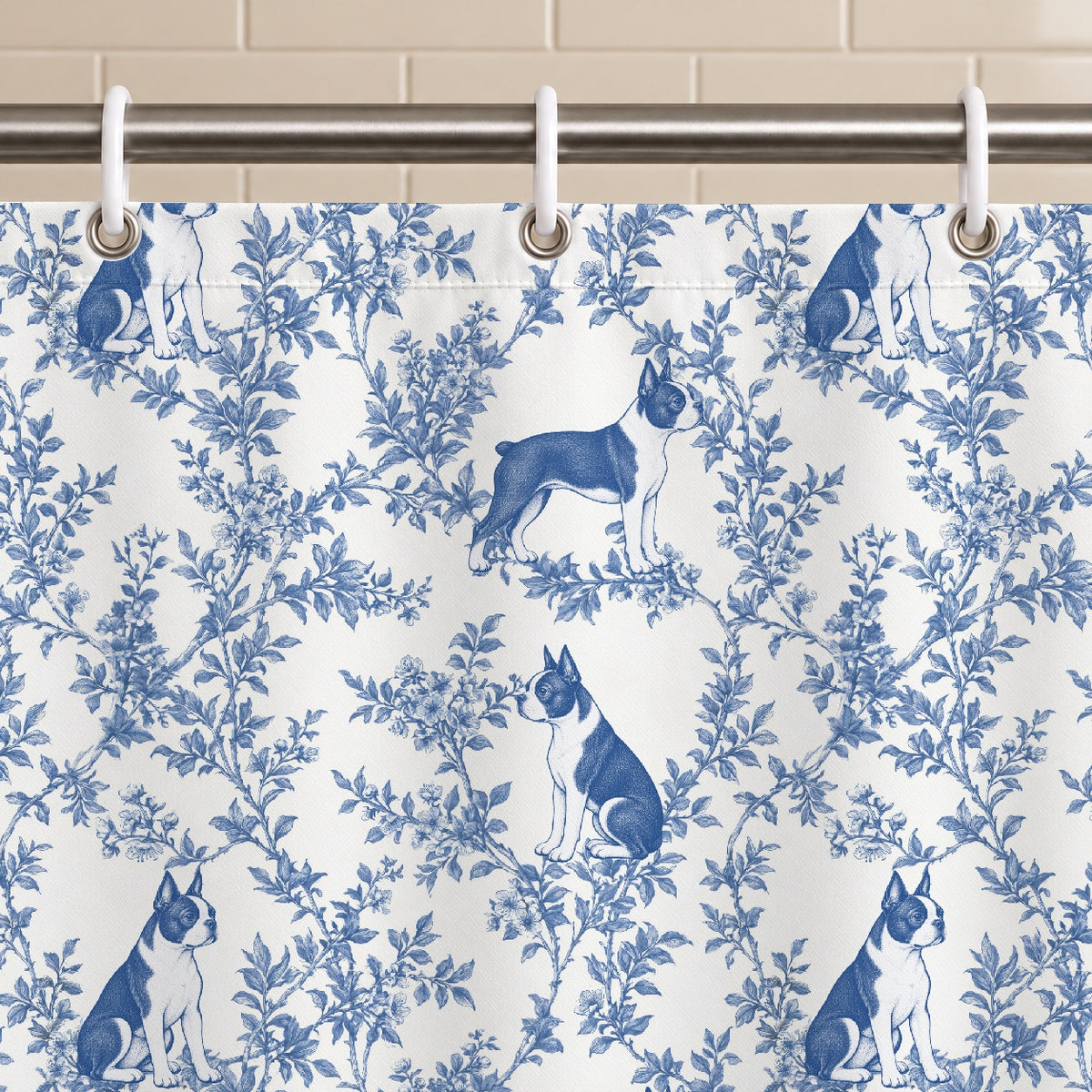 Boston Terrier toile shower curtain — Blue Grommets and Hooks