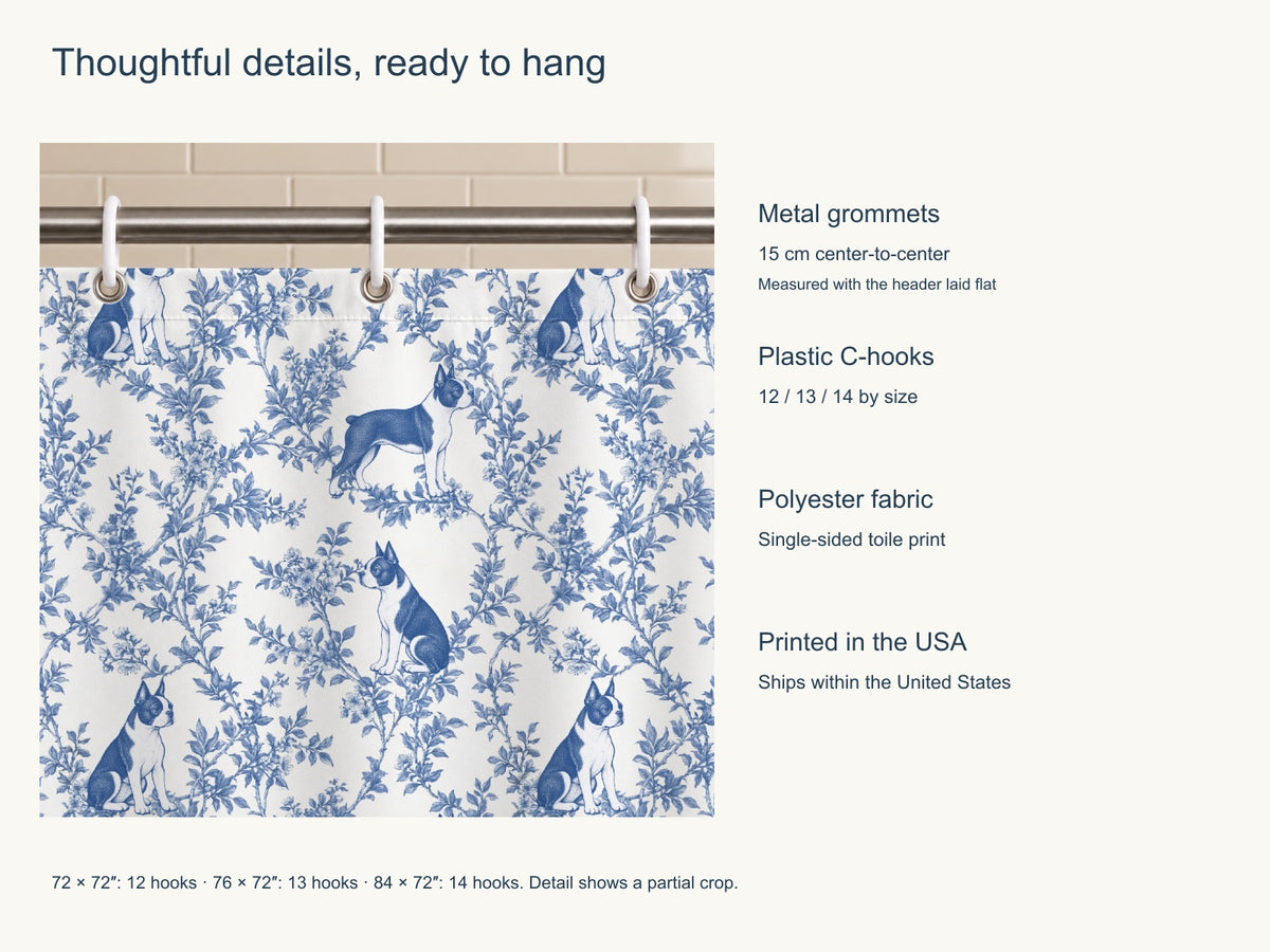 Boston Terrier toile shower curtain — Blue Product Features