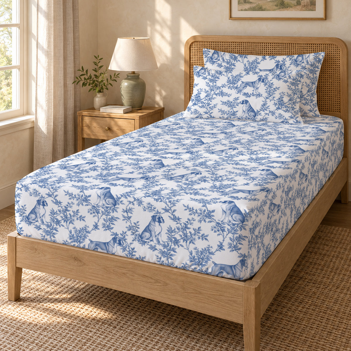Boxer toile bedding in Blue — Twin Guest Room