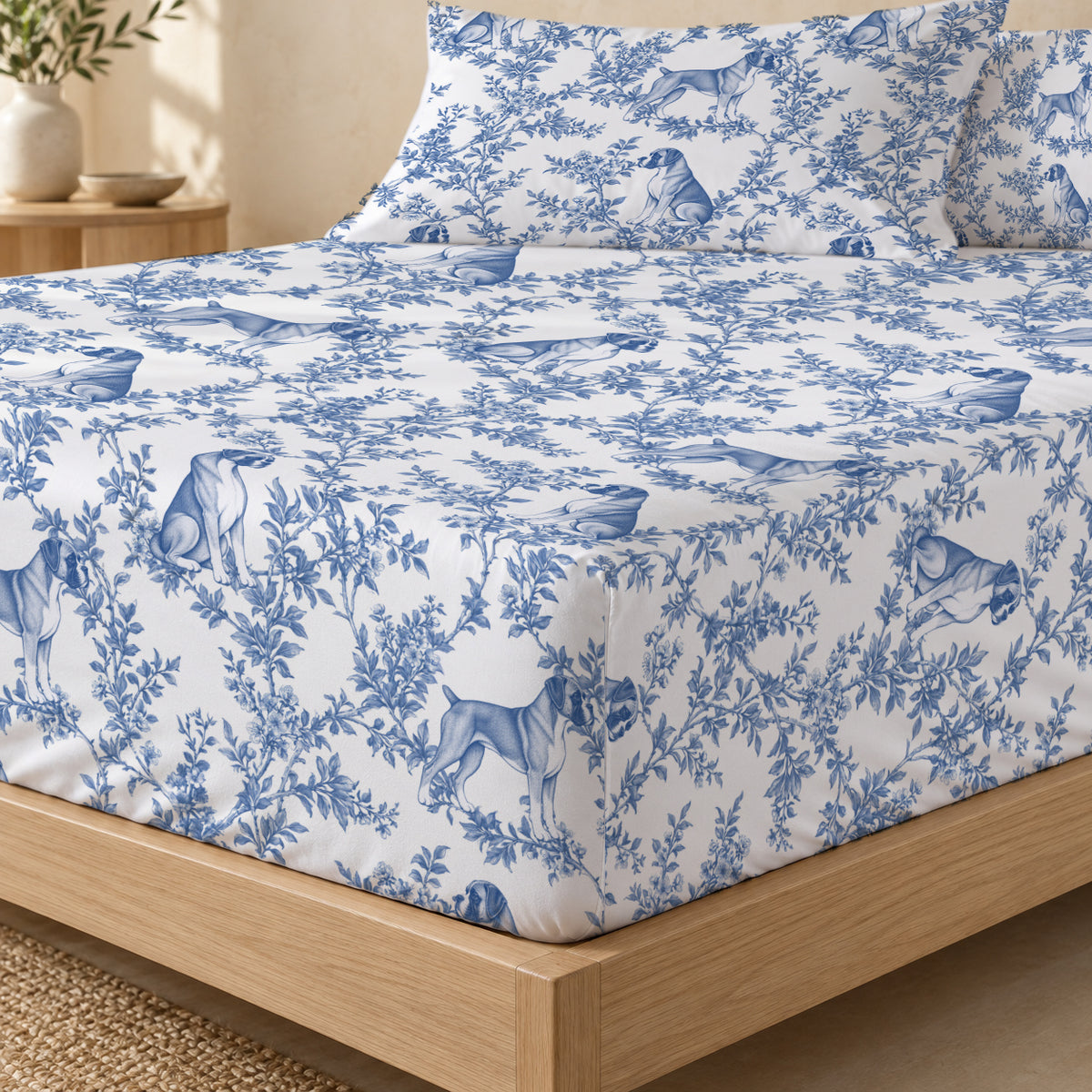 Boxer toile bedding in Blue — Fitted Corner