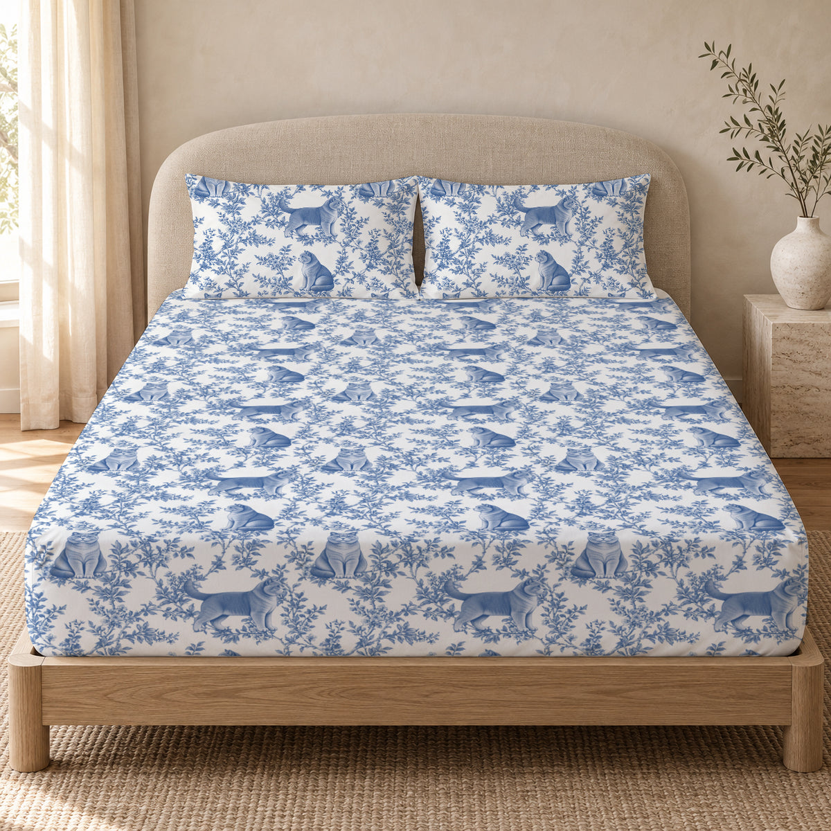 British Shorthair toile bedding in Blue — Queen Bedroom