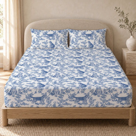British Shorthair toile bedding in Blue — Queen Bedroom