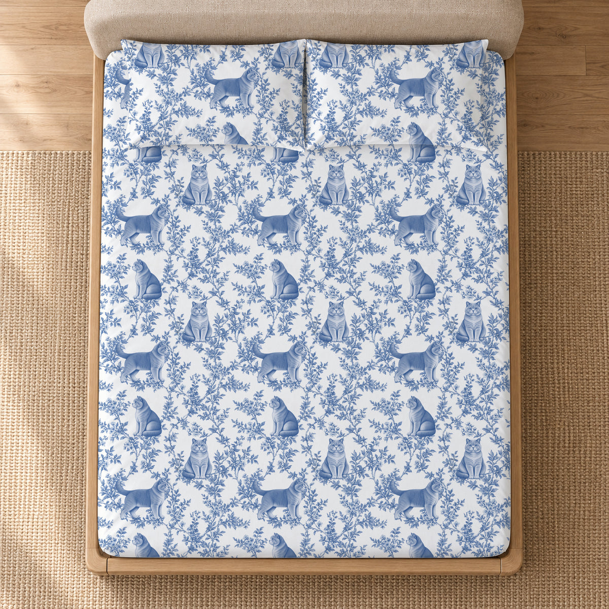 British Shorthair toile bedding in Blue — Overhead