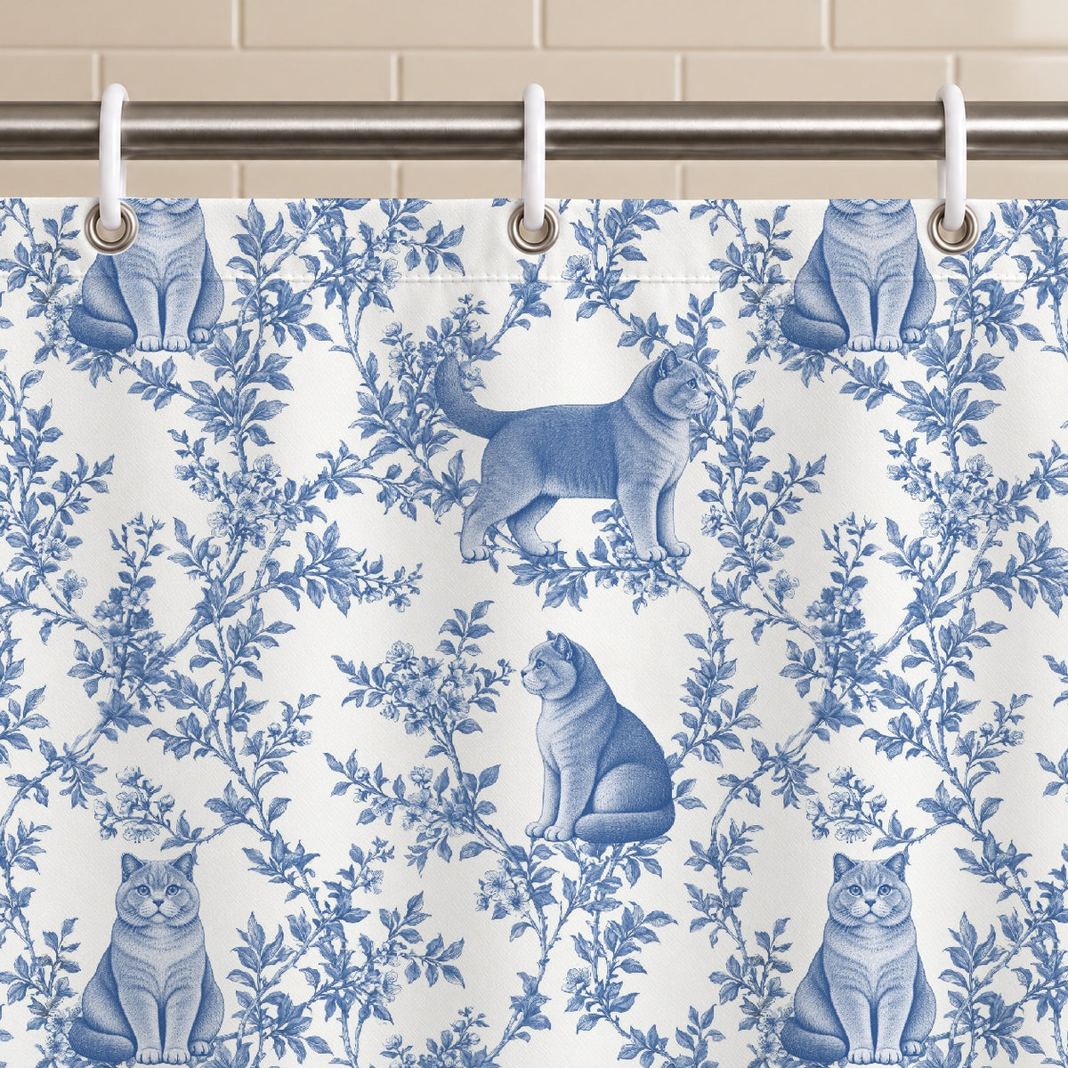 British Shorthair toile shower curtain — Blue Grommets and Hooks